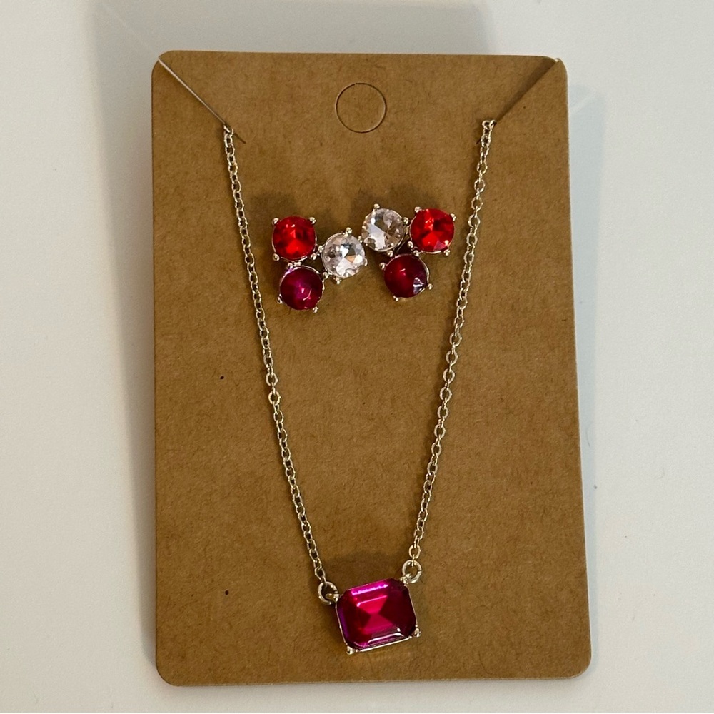 Loft Womens Red & Pink Cluster Earrings & Adjustable Necklace Set (Pre-Owned)